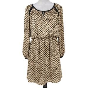 Oleg Cassini Dress Womens 8 Beige Black Print Elastic Waist Career Office